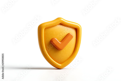 3D orange shield icon with check mark, symbolizing security and trust, ideal for digital design and branding projects