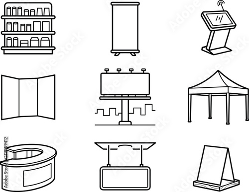 Trade Show Exhibition Booth and Outdoor Event Marketing Line Icon Set with Pop Up Backdrop Roll Banner Information Kiosk Canopy Tent and Billboard Symbols