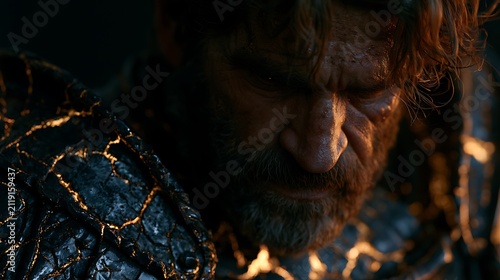 Prompt: A heroic yet dark Renaissance portrait of a battle-worn knight. His dark iron plate armor has veins of glowing gold magma running through the cracks, casting a warm light on his bearded 