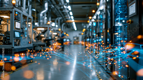 Photorealistic factory maintenance corridor with connected sensorized machines in depth, industrial automation, networked assets, and commercial copy space
