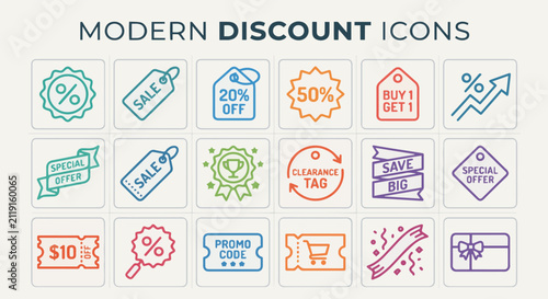 Modern discount icons, vector graphics for retail promotions and sale announcements