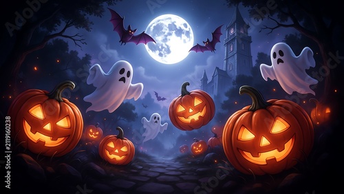 Spooky Halloween Forest with Glowing Jack O Lanterns Ghosts Flying Bats Full Moon and Haunted Castle Fantasy Background
