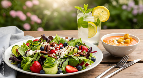 Fresh Berry and Avocado Salad with Soup and Lemonade