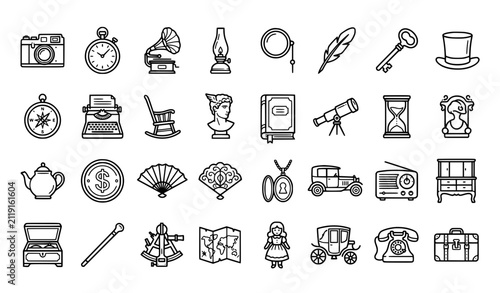 Set of 30 Outline Antique Icons with Editable Stroke Vector