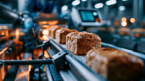 Photorealistic wide bakery packaging line where machine vision inspects seal integrity and product placement in a clean food factory
