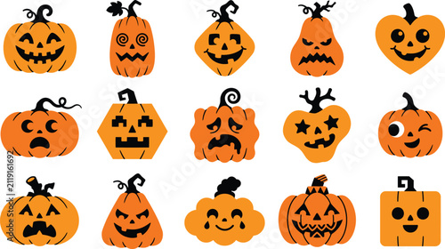 Set of various halloween pumpkin vector flat illustration designs isolated on transparent background