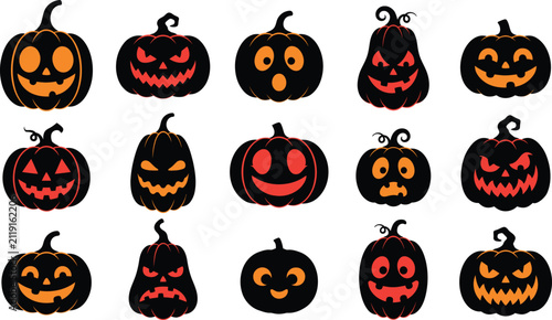 Set of spooky halloween pumpkin vector flat illustration designs isolated on transparent background