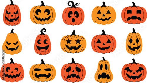 Set of various spooky halloween pumpkin vector flat illustration elements isolated on transparent background