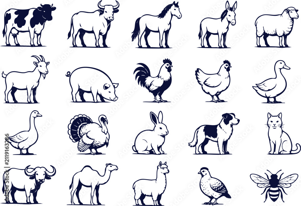 Fototapeta premium Farm Animals Vector Icon Set, Livestock Collection, Cow, Horse, Sheep, Goat, Pig, Chicken, Duck, Rabbit, Camel Black and White Icons