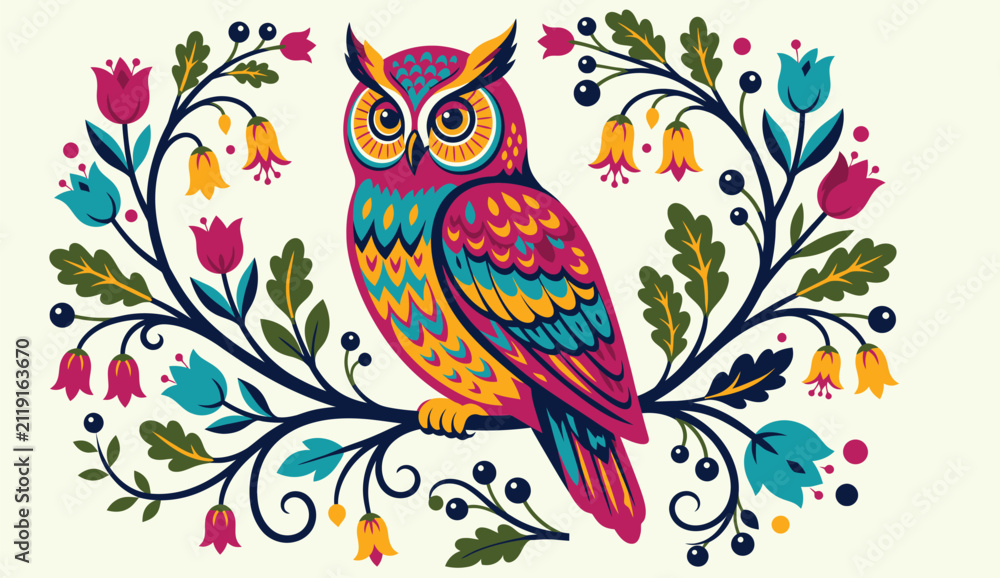 Fototapeta premium Folk art vector illustration of a colorful horned owl perched on a branch surrounded by a symmetric frame of tulips, bellflowers, and dark berries in a rustic linocut block print style