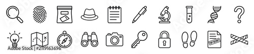 Minimalist set of black line icons for detective, investigation, and mystery themes, featuring a fingerprint, magnifying glass, evidence bag, map, and top secret document