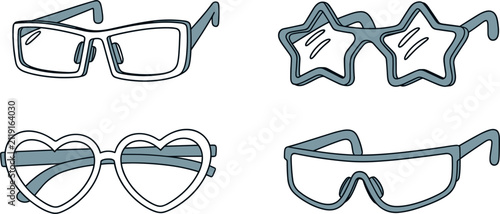 Fashion sunglasses lineart icon set, modern trendy star heart shaped party glasses vector illustration