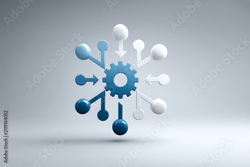 3D gear icon with arrows and spheres, blue and white color scheme, ideal for technology and business applications