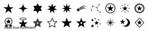Diverse set of black star vector icons showing different shapes and styles like classic, sparkling, shooting star, constellation, award medal, and six-pointed star