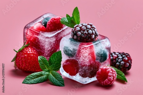 Frozen berry ice cubes with fresh mint on pink background in a sharp macro shot for beverage and healthy lifestyle marketing