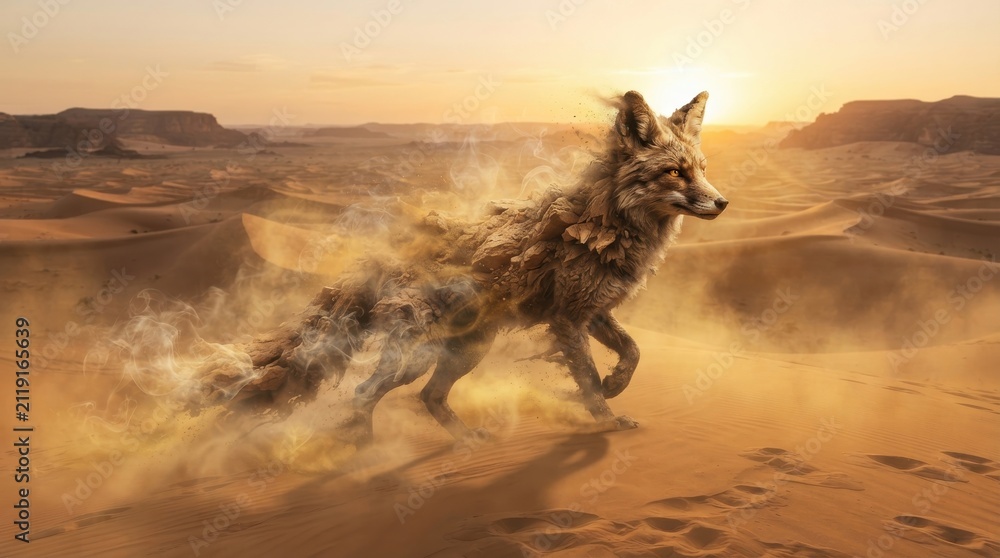 Fototapeta premium Fox running through desert dunes