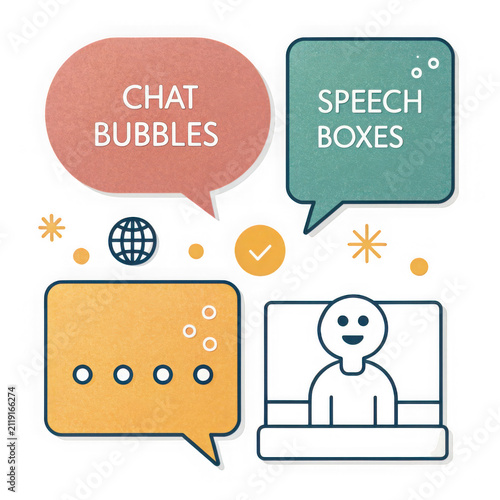 Cartoon speech bubbles with cute robot and bubbles icons