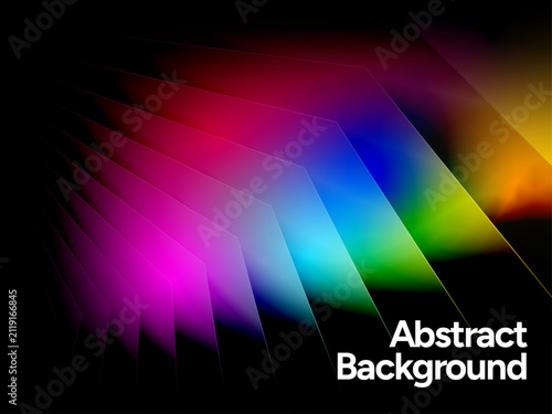 Abstract Neon Rainbow Light Stripes Background with Glowing Geometric Shapes on Black Modern Futuristic Vector Design
