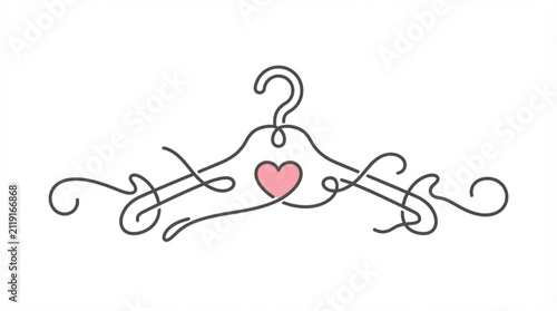 Modern clothes hanger continuous line art vector charcoal gray single line drawing pink heart fashion graphic