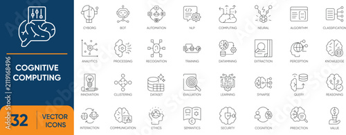 Cognitive Computing Icon Set. Containing Brain, Cognitive, Artificial Intelligence, Neural, Computing and more. Editable vector Line icons collection.