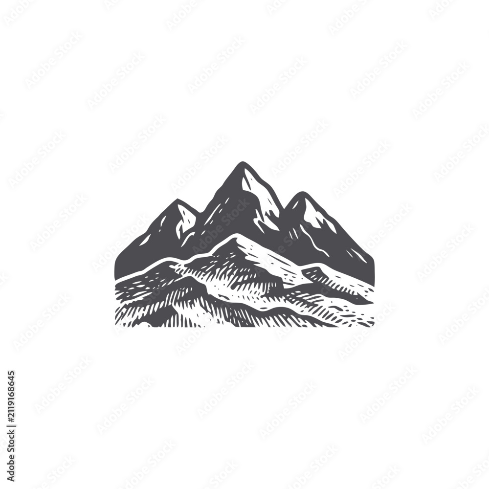 Fototapeta premium Mountain range illustration black and white engraving style on white background