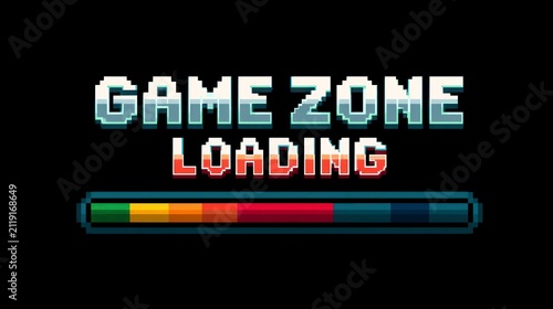 Game zone loading text appearing on black background with colorful progress bar in pixelated aesthetic for digital gaming content