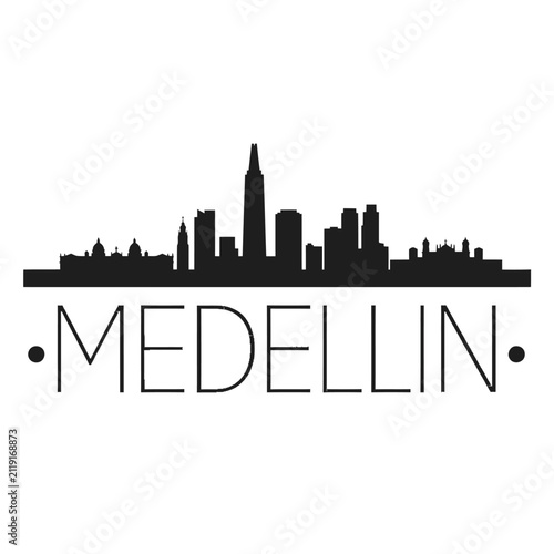 Medellin skyline silhouette with text on a white background