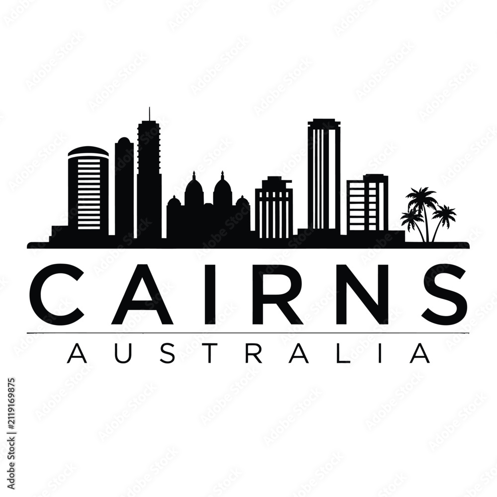 Obraz premium Cairns Skyline Silhouette With Palm Trees On White Background