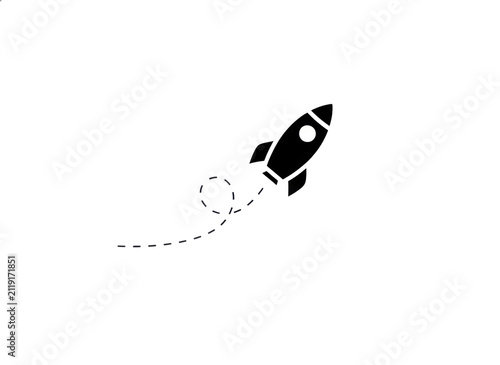 Black rocket icon flying with a dashed path trail
