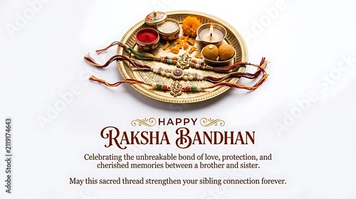Raksha Bandhan greeting card with rakhi threads. Indian festival of brother and sister love.