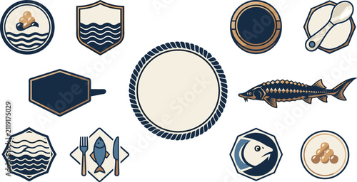 Quadro su tela Luxury Caviar and Seafood Vector Badge Set Featuring Sturgeon Fish, Roe Pearls,