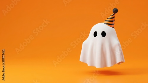 Halloween ghost with a party hat on an orange background