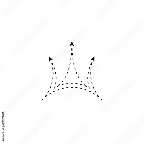Three dashed curved arrows branching out in different directions as a navigation path icon