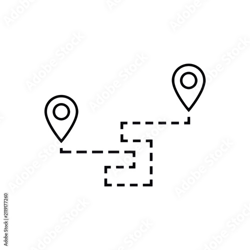 Two location pins with a dashed path line showing a journey or travel route
