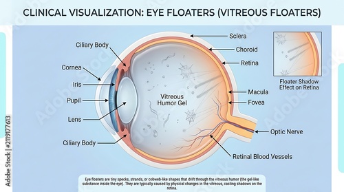 Detailed clinical visualization of the human eye showing labeled anatomical structures and a specific inset depicting the shadow effect of vitreous floaters cast upon the retina for study.