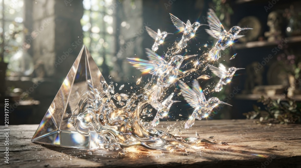 Obraz premium Crystal prism transforming into a flock of hummingbirds