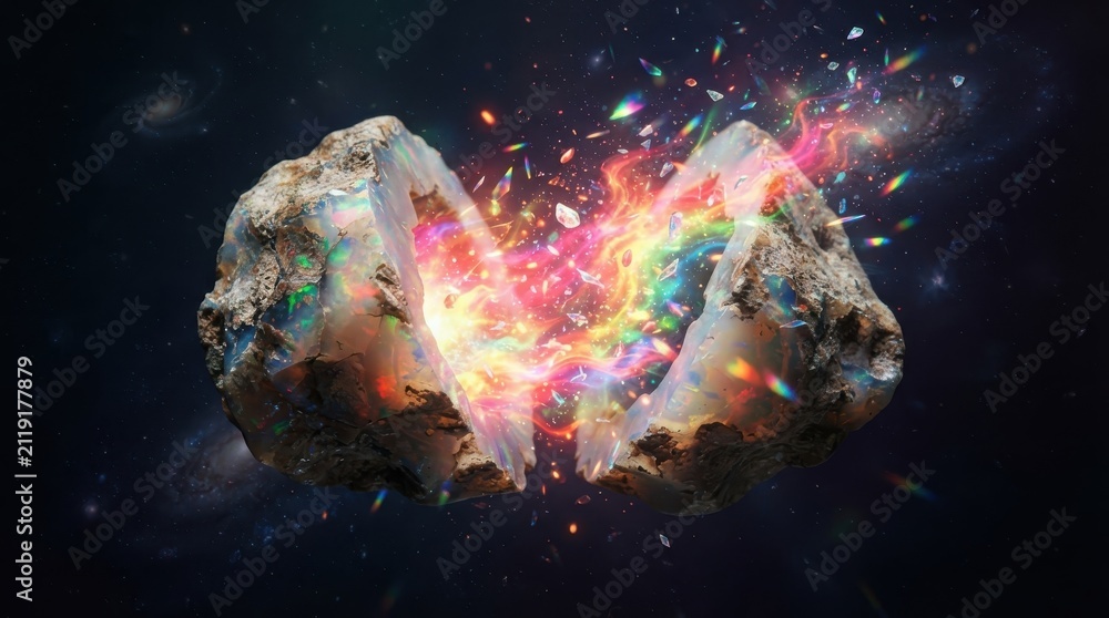 Obraz premium Exploding rock geode with colorful nebula energy