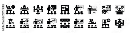 Seminar icon vector set. Contains presentation, workshop, conference, training, coaching, meeting, briefing, learning, e-learning, virtual video, lecture, teamwork, mentor, classroom, teaching