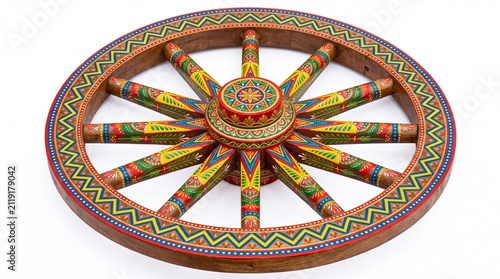 Traditional wooden ox cart wheel featuring intricate vibrant floral patterns and colorful geometric shapes on white background