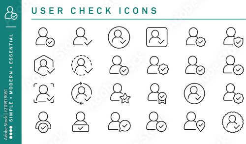 User check icons set. Verified account profile symbols for web and mobile interface design.
