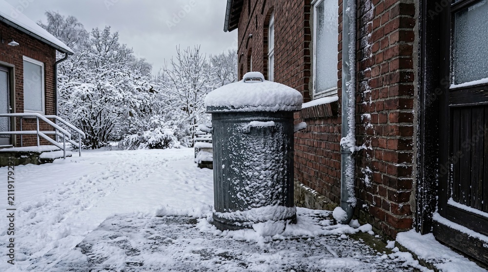 Obraz premium snow-covered trash can outside building