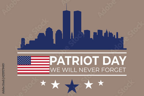 Patriot day 911 memorial graphic with twin towers skyline and american flag