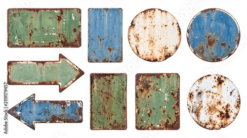 Vintage weathered metal signs showcasing vibrant colors and heavy oxidation isolated on white background
