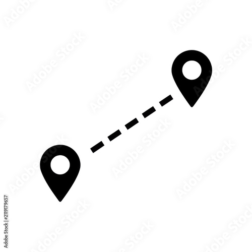 Two map location pins connected by a dashed line representing travel distance or navigation route