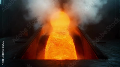 Intense molten metal flow and dramatic industrial fire scene with thick smoke and extreme heat