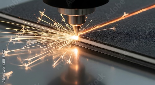 Laser cutting machine in operation sparks flying during metal fabrication process tool manufacturing industrial