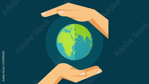 Flat Design Hands Holding and Protecting Rotating Earth Globe Animation Loop on Dark Background