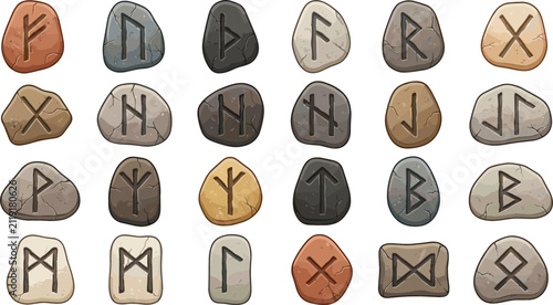 Ancient Viking Runes Vector Element Set with Elder Futhark Norse Alphabet Symbols Engraved on Magic Stones for Mystical and Esoteric Graphic Designs