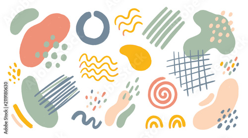 Set of abstract handdrawn shapes, doodles, and design elements in pastel colors