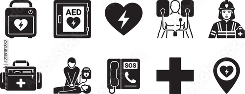 Canvastavla Automated External Defibrillator (AED) and Emergency First Aid Vector Icon Set